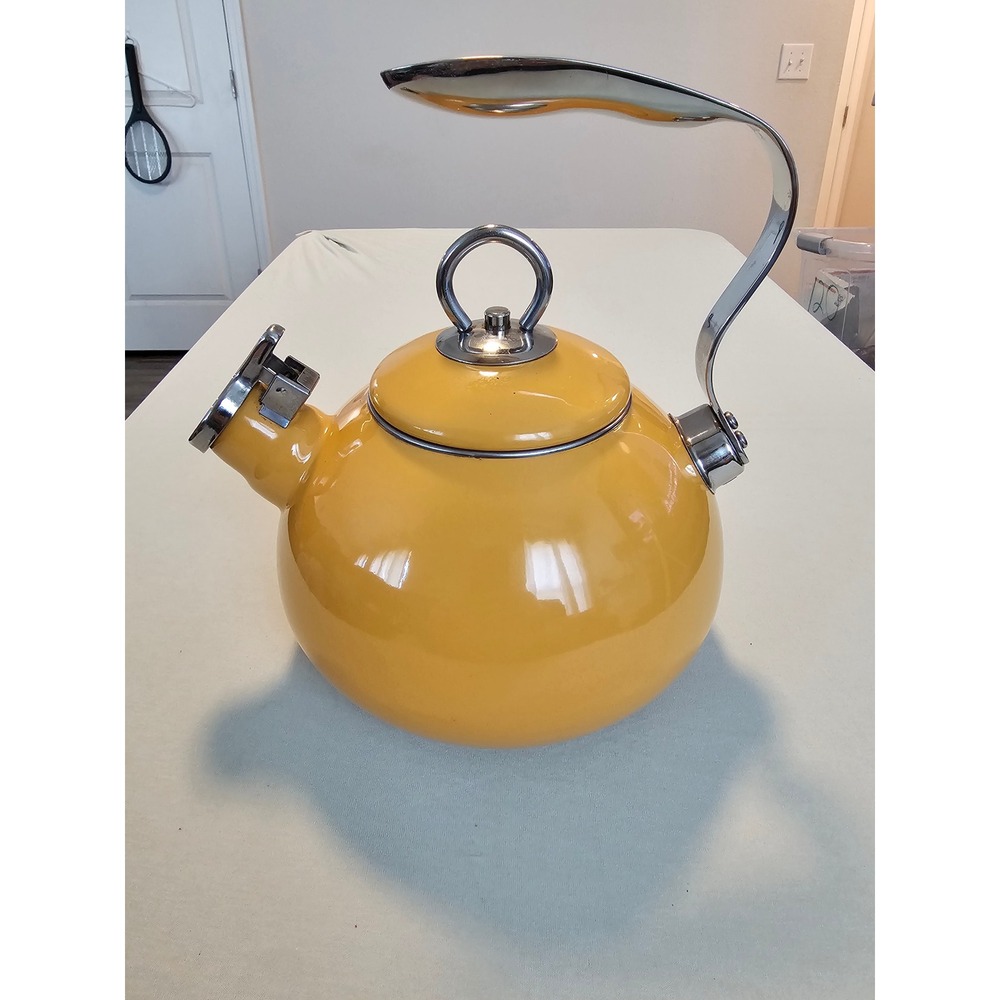 Tivoli Yellow Enamel Whistling Tea Kettle Stainless Steel Handle Stovetop Teapot